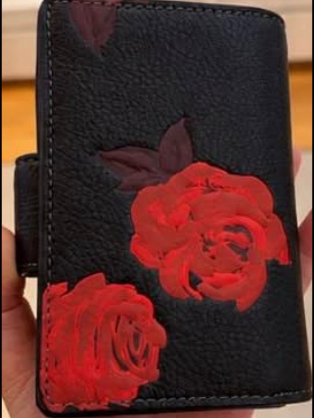 COACH Black Leather Wallet with Red Rose Print - Picture 3 of 4